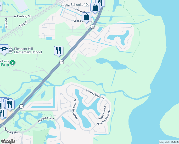map of restaurants, bars, coffee shops, grocery stores, and more near 2880 Boating Boulevard in Kissimmee