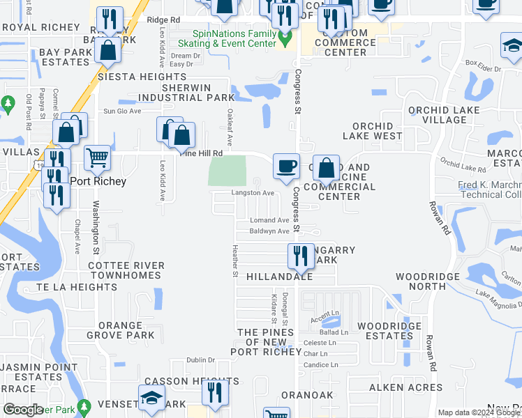 map of restaurants, bars, coffee shops, grocery stores, and more near 7744 Waterford Street in New Port Richey