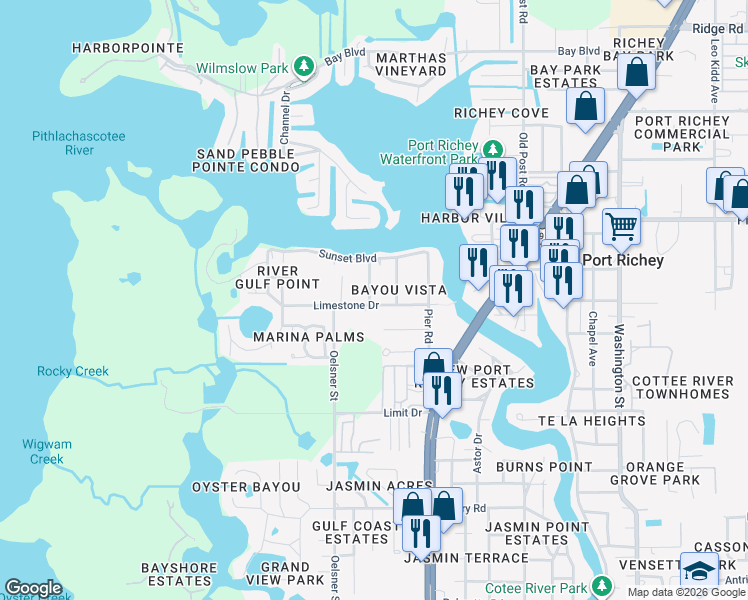 map of restaurants, bars, coffee shops, grocery stores, and more near 7807 Chasco Street in Port Richey