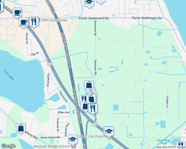 map of restaurants, bars, coffee shops, grocery stores, and more near 1348 Simmons Road in Kissimmee