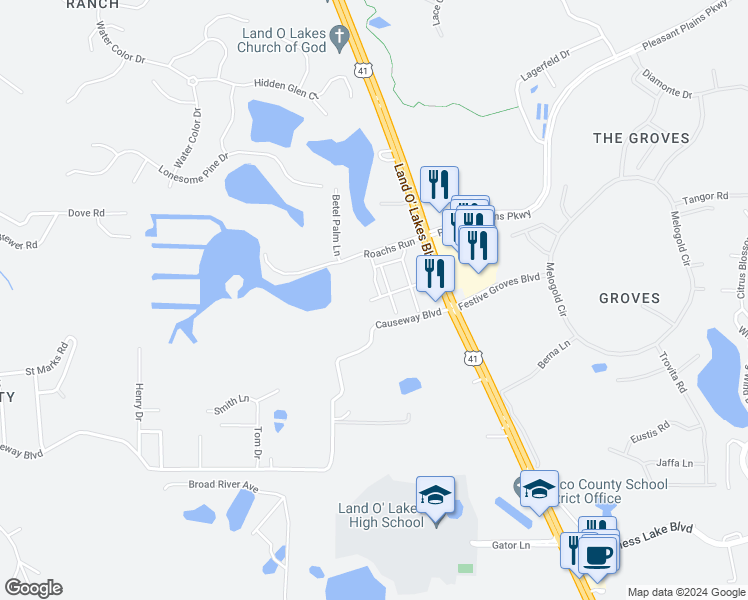 map of restaurants, bars, coffee shops, grocery stores, and more near 7735 Land O' Lakes Boulevard in Land O' Lakes