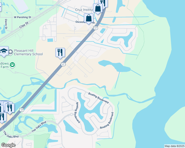 map of restaurants, bars, coffee shops, grocery stores, and more near 2880 Boating Boulevard in Kissimmee