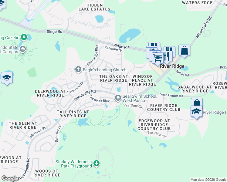 map of restaurants, bars, coffee shops, grocery stores, and more near 7801 Barclay Road in New Port Richey