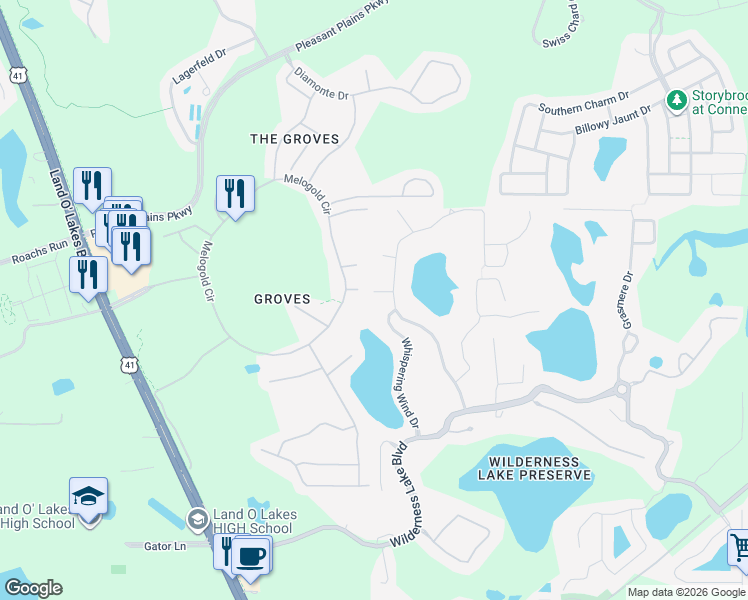 map of restaurants, bars, coffee shops, grocery stores, and more near 21018 Green Wing Court in Land O' Lakes