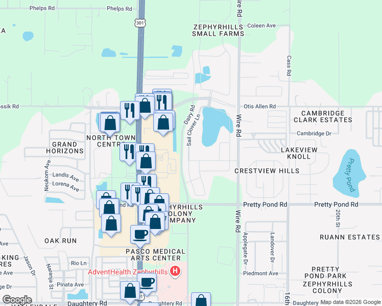 map of restaurants, bars, coffee shops, grocery stores, and more near 7774 Sail Clover Lane in Zephyrhills