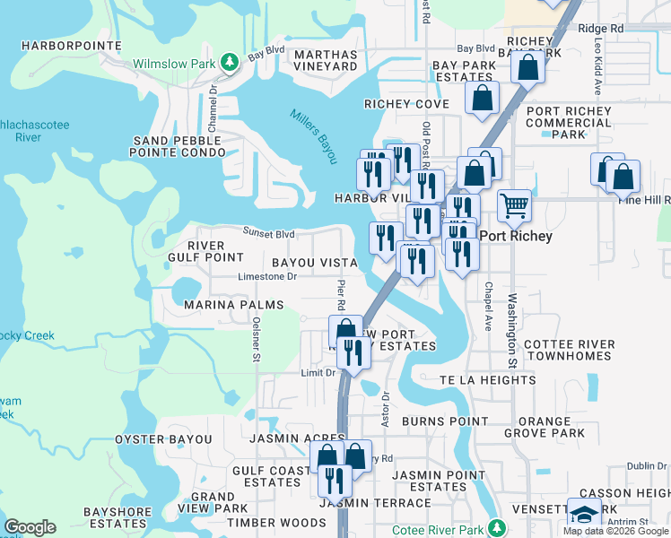 map of restaurants, bars, coffee shops, grocery stores, and more near 7751 Pier Road in Port Richey