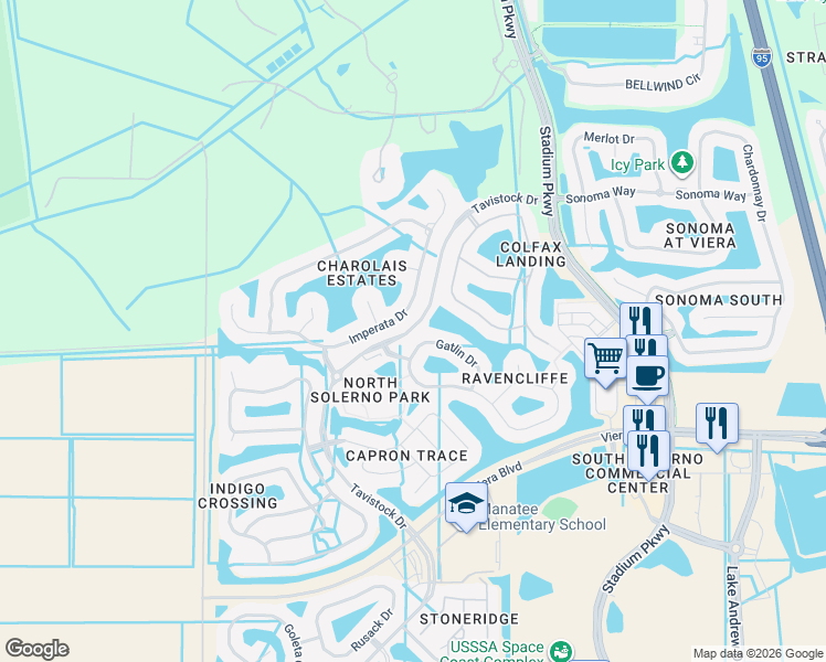 map of restaurants, bars, coffee shops, grocery stores, and more near 5199 Ravencliffe Way in Rockledge
