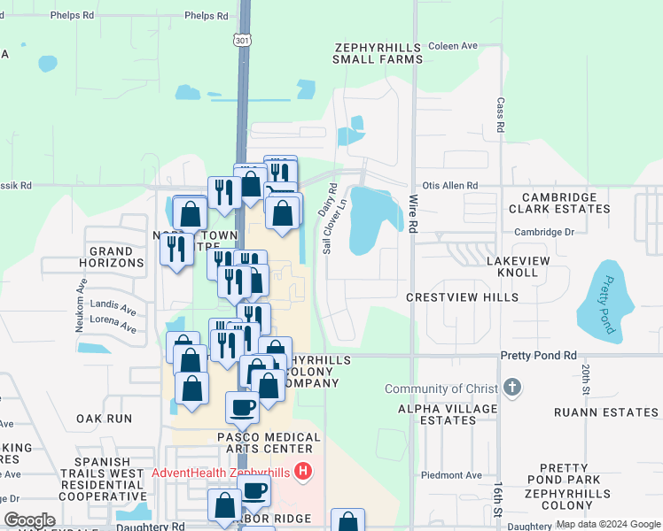 map of restaurants, bars, coffee shops, grocery stores, and more near 7774 Sail Clover Lane in Zephyrhills