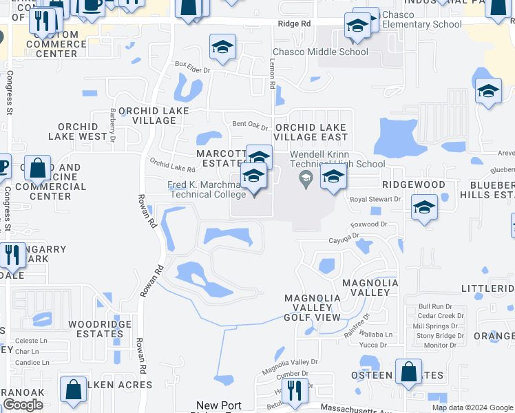 map of restaurants, bars, coffee shops, grocery stores, and more near 7825 Campus Drive in New Port Richey