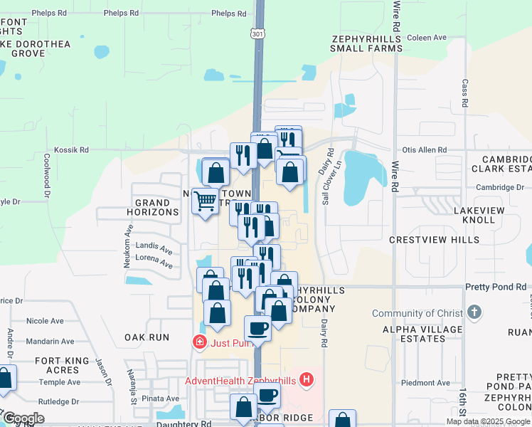 map of restaurants, bars, coffee shops, grocery stores, and more near 7780 Gall Boulevard in Zephyrhills