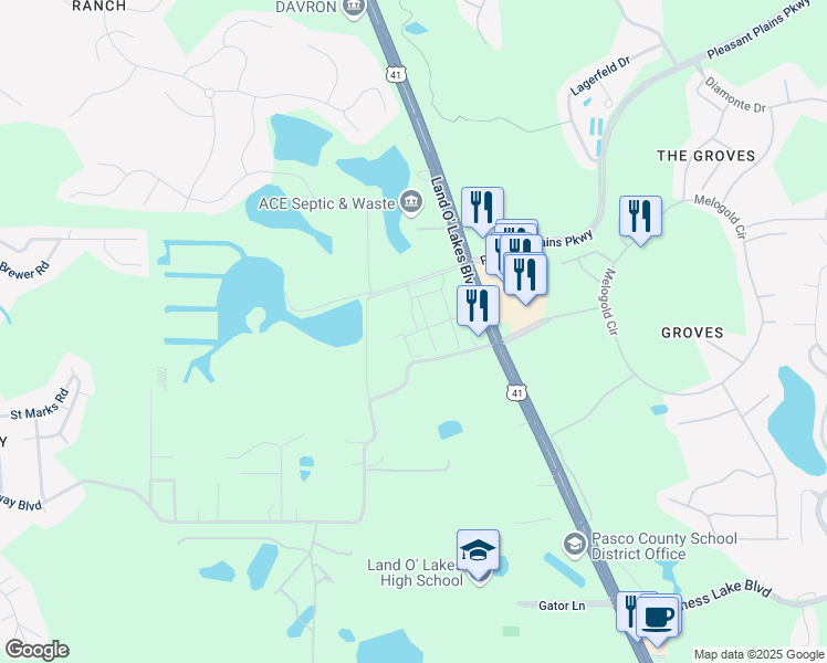 map of restaurants, bars, coffee shops, grocery stores, and more near 7735 Land O' Lakes Boulevard in Land O' Lakes