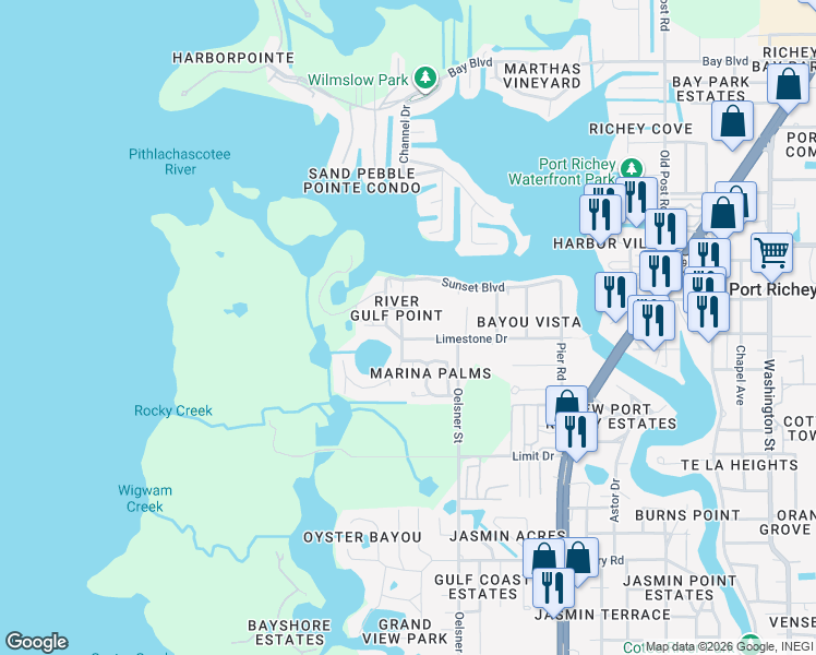 map of restaurants, bars, coffee shops, grocery stores, and more near 7808 Wilmar Court in Port Richey