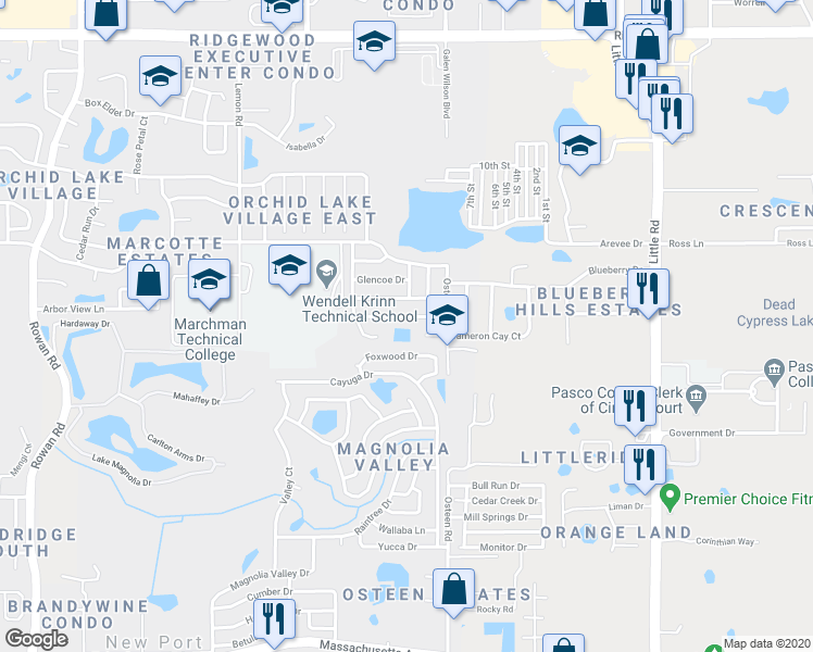 map of restaurants, bars, coffee shops, grocery stores, and more near 7902 Royal Stewart Drive in New Port Richey