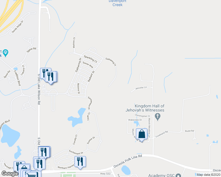 map of restaurants, bars, coffee shops, grocery stores, and more near 7383 Gathering Court in Osceola County