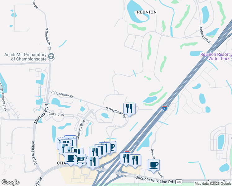 map of restaurants, bars, coffee shops, grocery stores, and more near 1292 Grand Traverse Parkway in Kissimmee