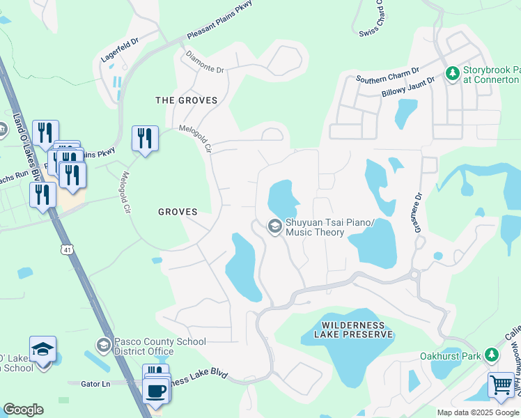 map of restaurants, bars, coffee shops, grocery stores, and more near 7740 Citrus Blossom Drive in Land O' Lakes