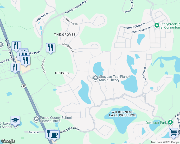 map of restaurants, bars, coffee shops, grocery stores, and more near 7740 Citrus Blossom Drive in Land O' Lakes