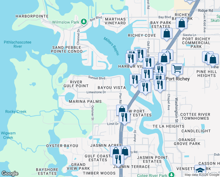 map of restaurants, bars, coffee shops, grocery stores, and more near 7807 Chasco Street in Port Richey