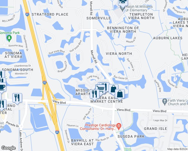 map of restaurants, bars, coffee shops, grocery stores, and more near 4A Long Iron Drive in Rockledge