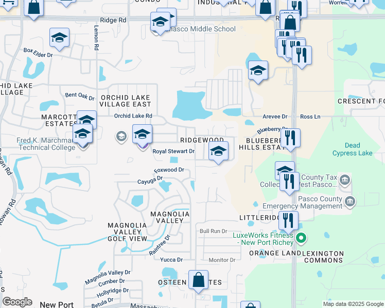 map of restaurants, bars, coffee shops, grocery stores, and more near 7944 Royal Stewart Dr in New Port Richey