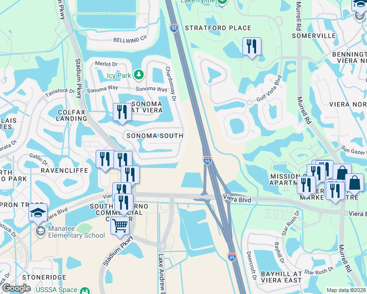 map of restaurants, bars, coffee shops, grocery stores, and more near 4280 Chardonnay Drive in Rockledge