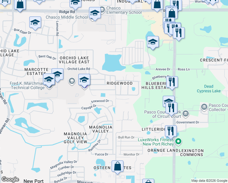 map of restaurants, bars, coffee shops, grocery stores, and more near 7944 Royal Stewart Drive in New Port Richey