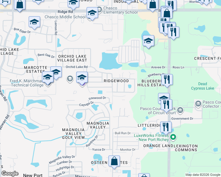map of restaurants, bars, coffee shops, grocery stores, and more near 7944 Royal Stewart Drive in New Port Richey