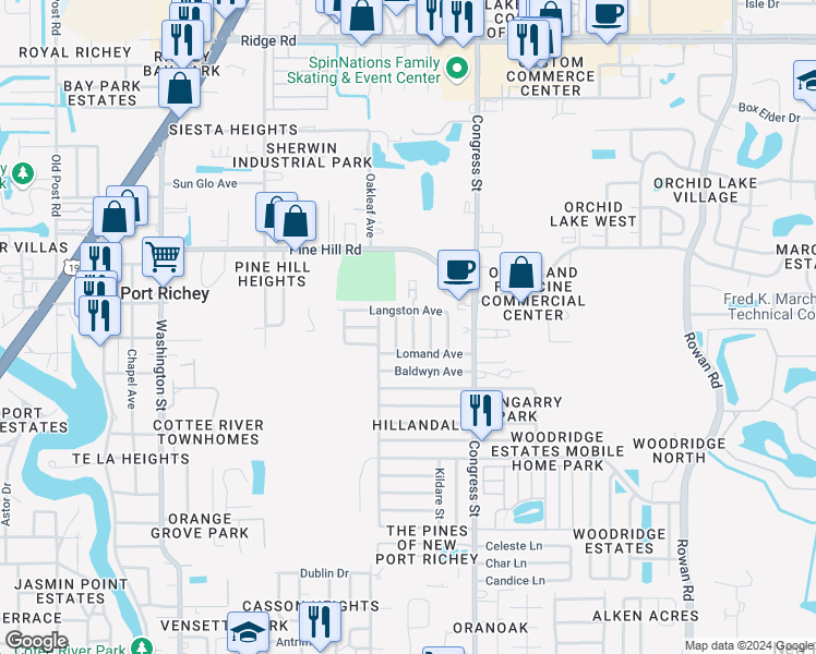 map of restaurants, bars, coffee shops, grocery stores, and more near 7807 Waterford Street in New Port Richey