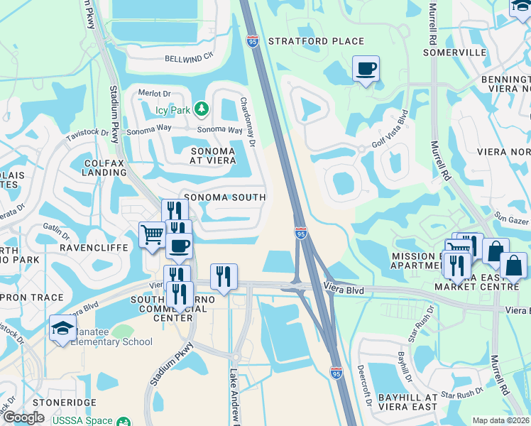 map of restaurants, bars, coffee shops, grocery stores, and more near 4280 Chardonnay Drive in Rockledge