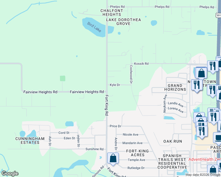 map of restaurants, bars, coffee shops, grocery stores, and more near 37012 Kyle Drive in Zephyrhills