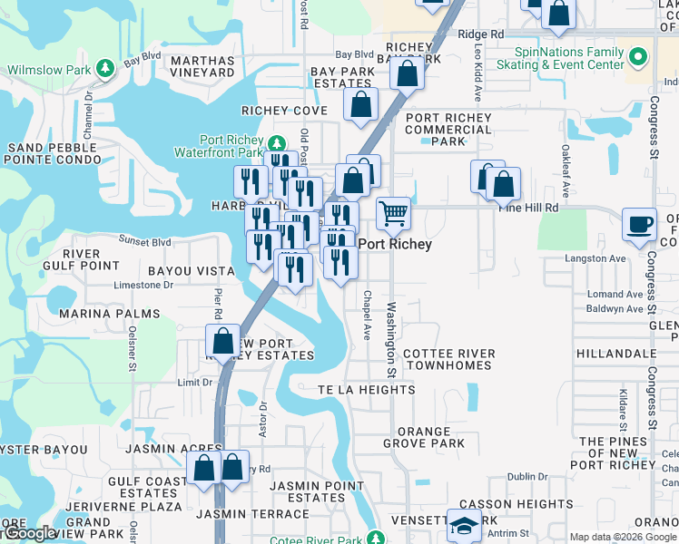 map of restaurants, bars, coffee shops, grocery stores, and more near 7803 Grand Boulevard in Port Richey