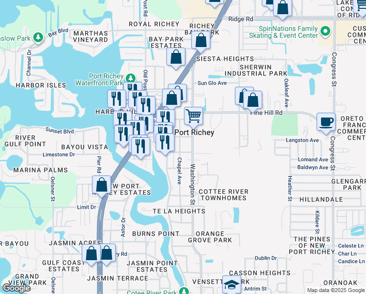 map of restaurants, bars, coffee shops, grocery stores, and more near 7806 Chapel Avenue in Port Richey