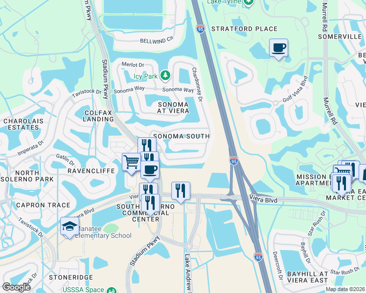 map of restaurants, bars, coffee shops, grocery stores, and more near 2917 Mondavi Dr in Rockledge