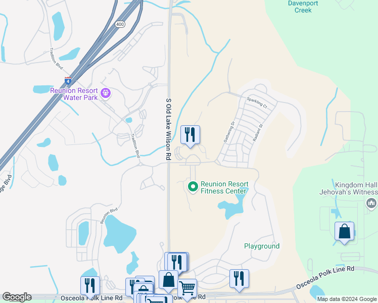 map of restaurants, bars, coffee shops, grocery stores, and more near 7593 Gathering Drive in Osceola County