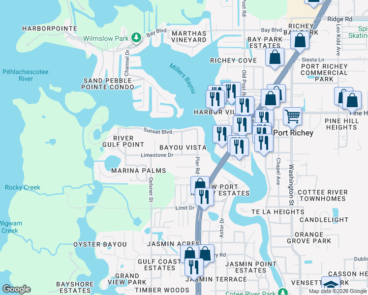 map of restaurants, bars, coffee shops, grocery stores, and more near 7807 Chasco Street in Port Richey