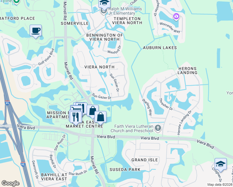 map of restaurants, bars, coffee shops, grocery stores, and more near 1889 Sun Gazer Drive in Rockledge