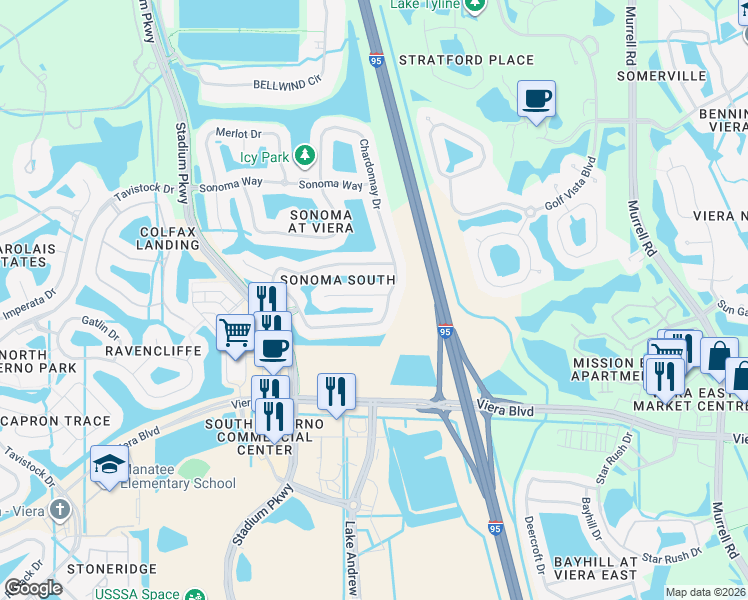 map of restaurants, bars, coffee shops, grocery stores, and more near 2827 Mondavi Drive in Rockledge