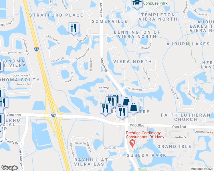 map of restaurants, bars, coffee shops, grocery stores, and more near 4 Long Iron Drive in Rockledge