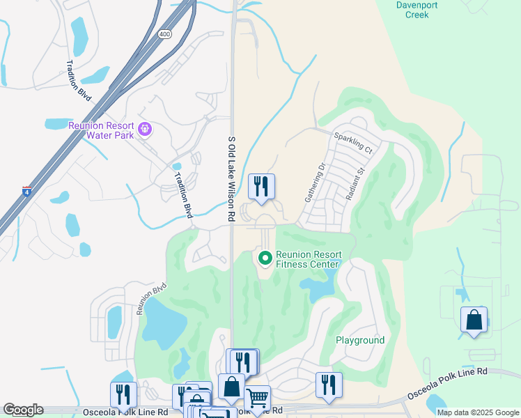 map of restaurants, bars, coffee shops, grocery stores, and more near 7593 Gathering Drive in Osceola County