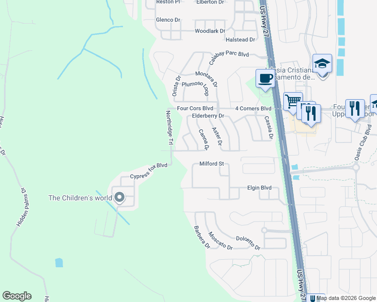 map of restaurants, bars, coffee shops, grocery stores, and more near Canna Drive in Davenport