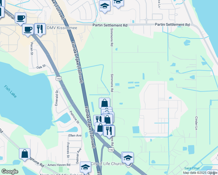 map of restaurants, bars, coffee shops, grocery stores, and more near 1312 Simmons Road in Kissimmee