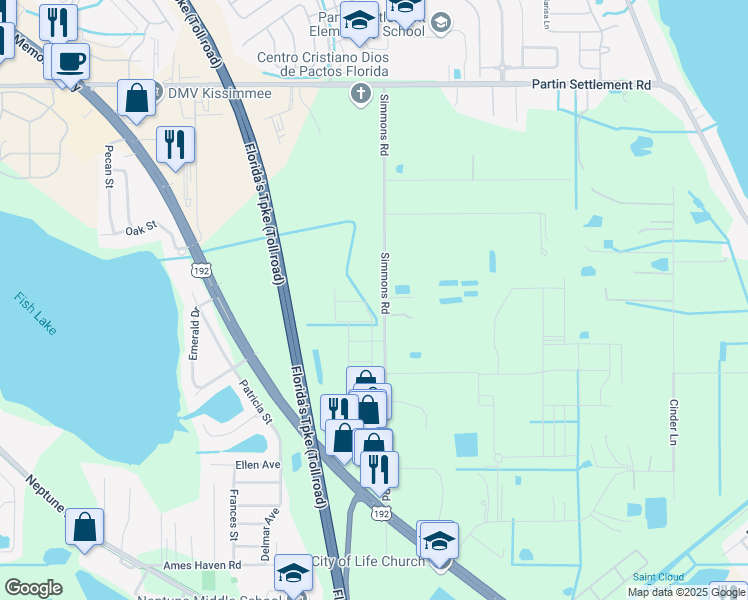 map of restaurants, bars, coffee shops, grocery stores, and more near 1312 Simmons Road in Kissimmee