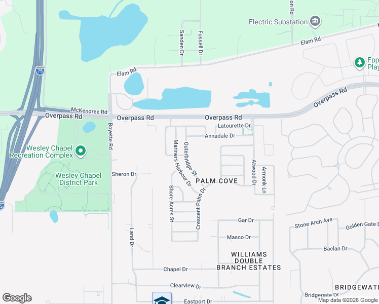map of restaurants, bars, coffee shops, grocery stores, and more near 7802 Outerbridge Street in Wesley Chapel
