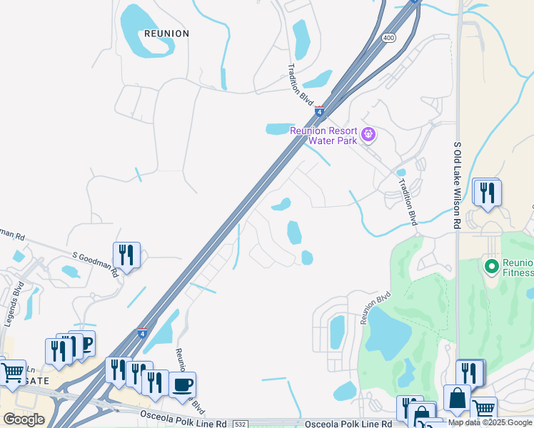 map of restaurants, bars, coffee shops, grocery stores, and more near Florida 400 in Kissimmee
