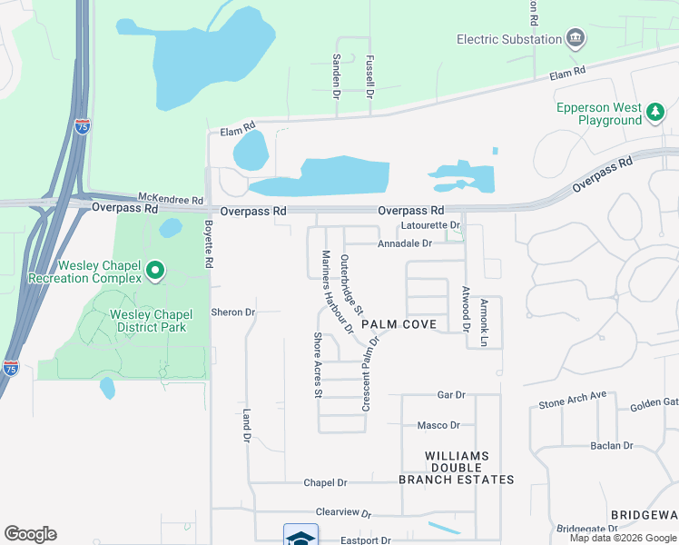map of restaurants, bars, coffee shops, grocery stores, and more near 7803 Outerbridge Street in Wesley Chapel