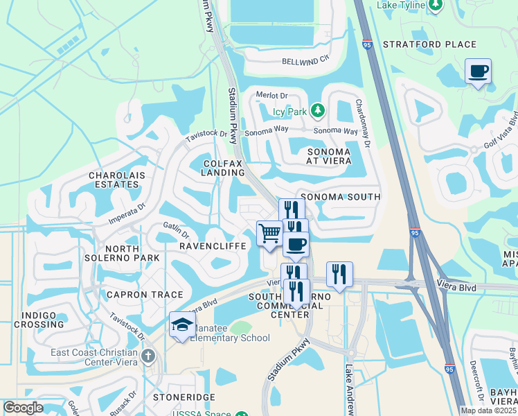map of restaurants, bars, coffee shops, grocery stores, and more near 3375 Sedge Drive in Rockledge