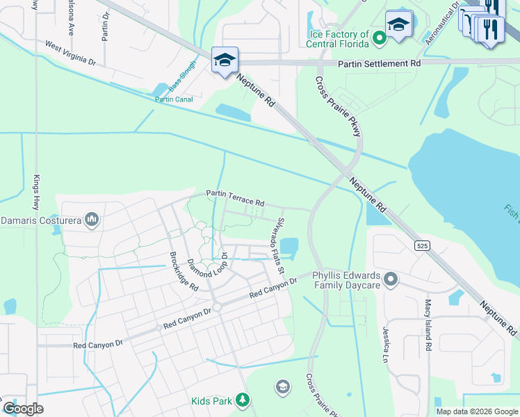 map of restaurants, bars, coffee shops, grocery stores, and more near 1414 Dusty Stone Lane in Kissimmee