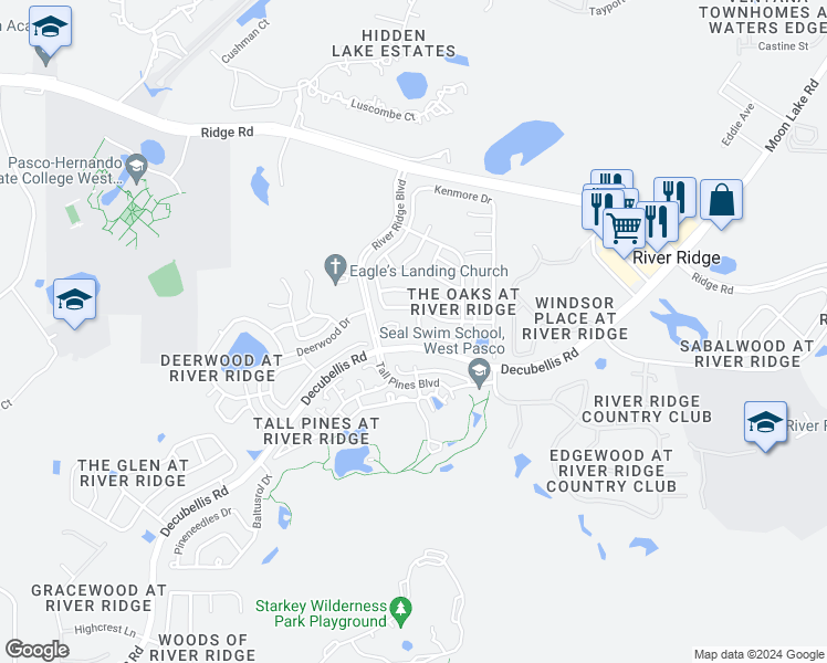 map of restaurants, bars, coffee shops, grocery stores, and more near 10834 Claymont Drive in New Port Richey