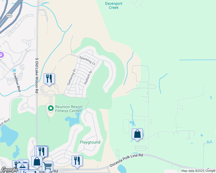 map of restaurants, bars, coffee shops, grocery stores, and more near 7383 Gathering Court in Osceola County