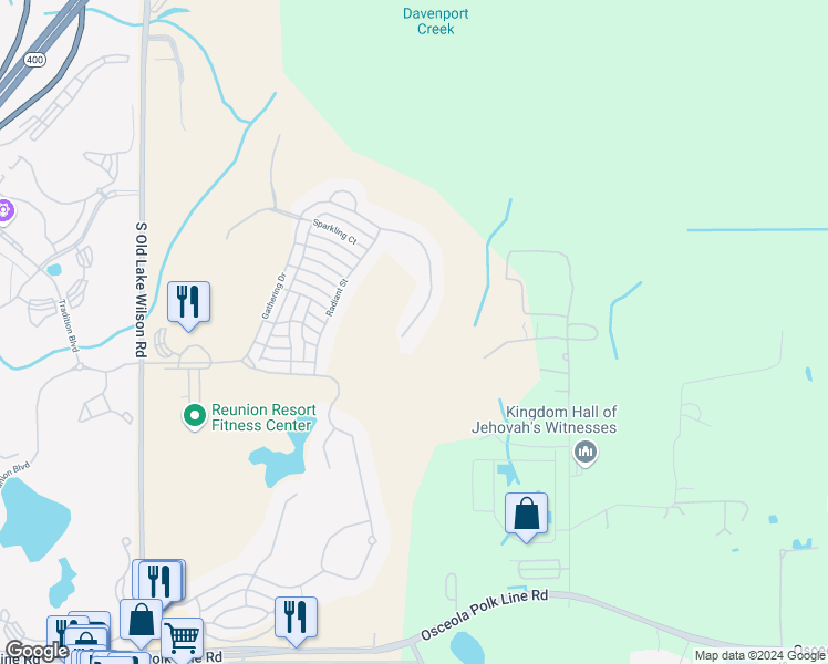 map of restaurants, bars, coffee shops, grocery stores, and more near 7383 Gathering Court in Osceola County